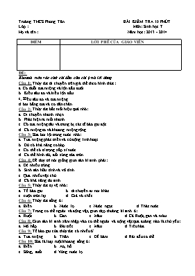 Bài kiểm tra 15 phút môn Sinh học 7 năm học 2013 - 2014